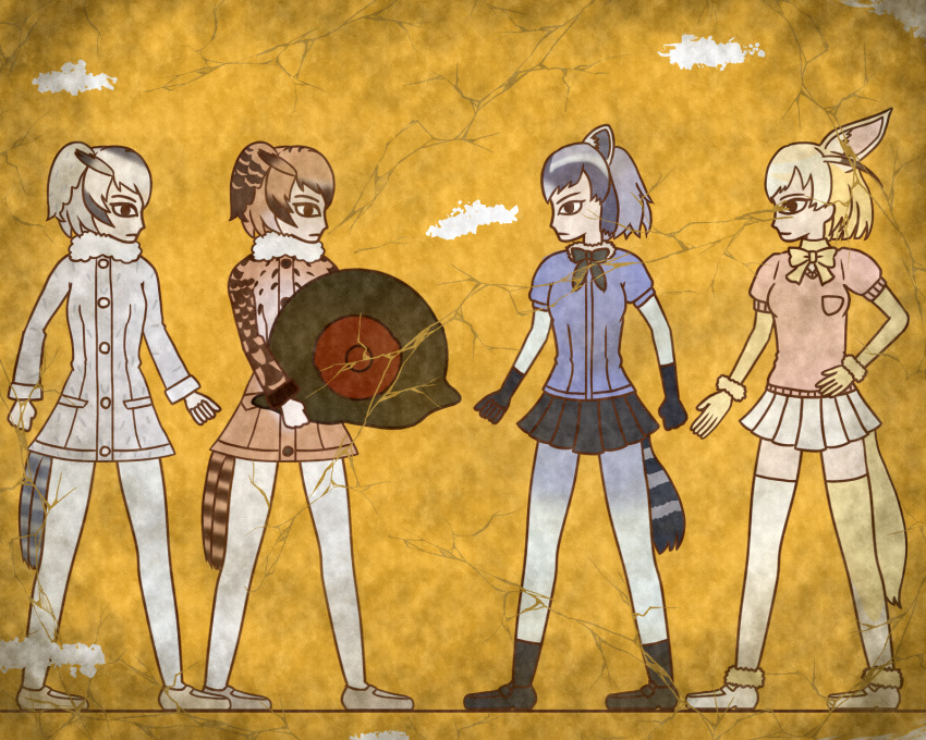 4girls, animal_ears, bird_tail, bow, bowtie, common_raccoon_(kemono_friends), crack, egyptian_art