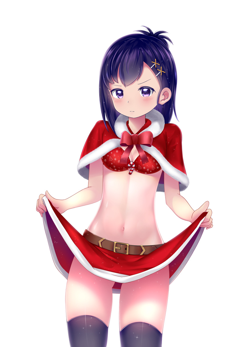1girl, absurdres, belt, black_legwear, blush, bow, breasts, candy, candy_cane, capelet, christmas, cleavage, closed_mouth, cowboy_shot, food, gabriel_dropout, gluteal_fold, hair_ornament, hairclip, highres, looking_at_viewer, medium_breasts, meng_jiang, navel, purple_hair, red_bikini_top, red_bow, red_skirt, simple_background, skirt, skirt_hold, solo, sparkle, standing, thigh-highs, tsukinose_vignette_april, v-shaped_eyebrows, violet_eyes, white_background