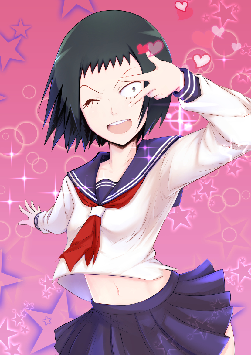 1girl, ;d, black_hair, blue_skirt, cowboy_shot, hand_up, heart, kurata_tome