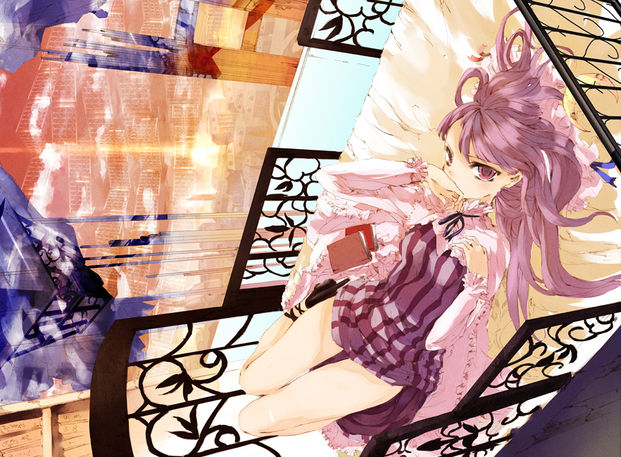 bed, book, dutch_angle, legs, long_hair, lying, okome, patchouli_knowledge
