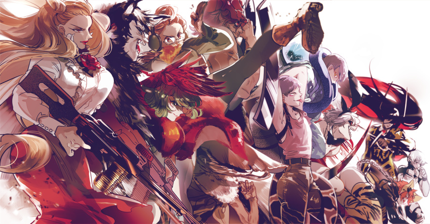 :d, aira_kanae, animal_ears, animal_print, arms_up, asako_(itiba), beard, black_hair