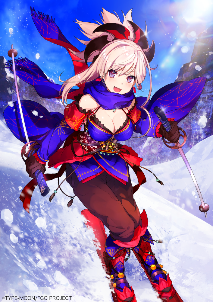 1girl, :d, adapted_costume, bangs, bare_shoulders, black_gloves, black_pants, blue_eyes