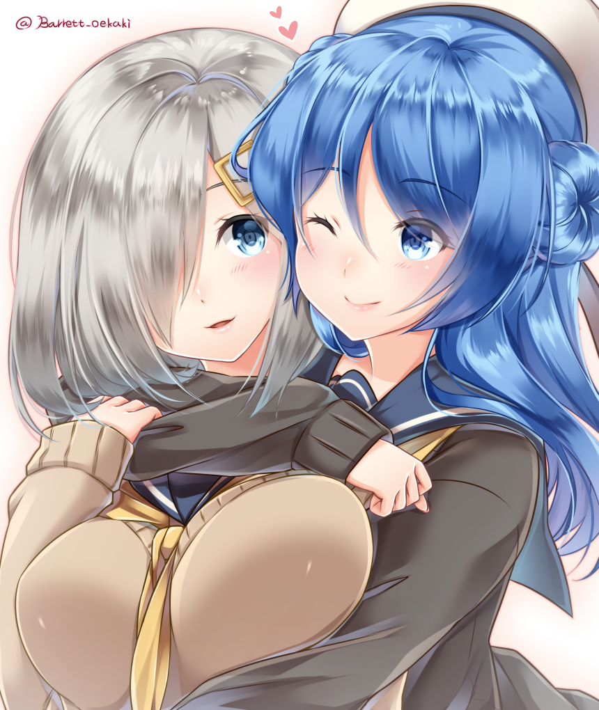 2girls, ;), baretto_(firearms_1), blue_eyes, blue_hair, breasts, eyebrows_visible_through_hair, gat