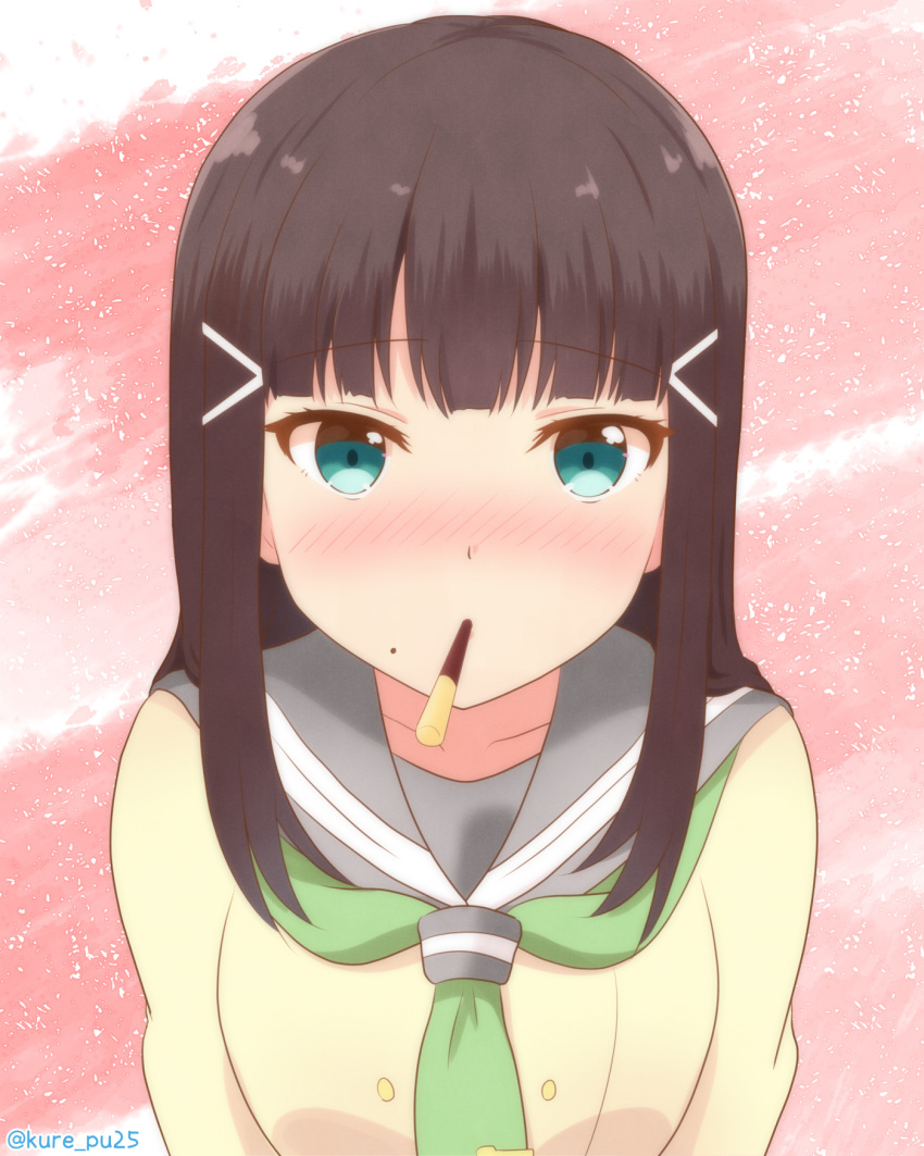 1girl, aqua_eyes, bangs, black_hair, blush, collarbone, double-breasted, food