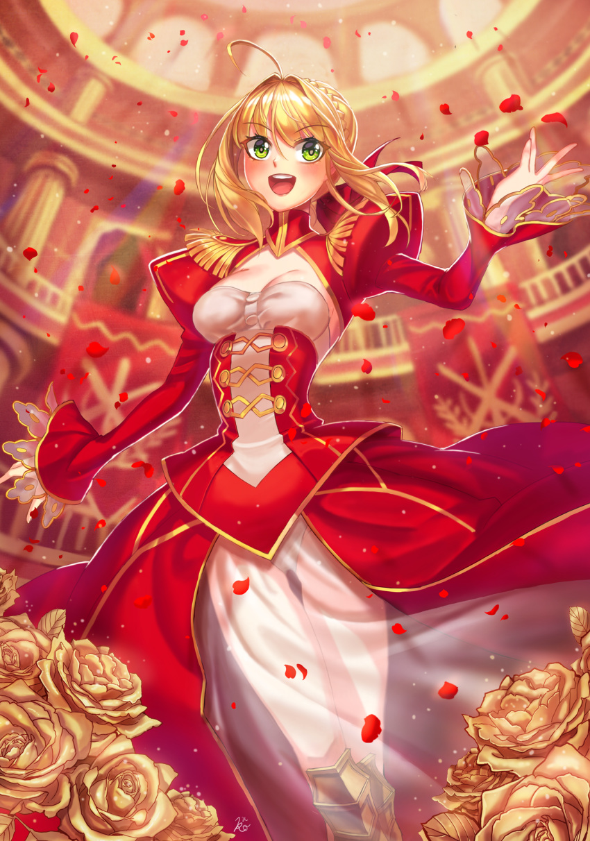 1girl, :d, ahoge, blonde_hair, breasts, cleavage, corset, dress