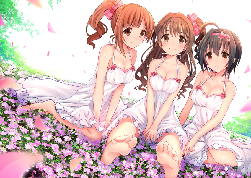 3girls, ahoge, barefoot, black_hair, blurry, breasts, brown_eyes, brown_hair