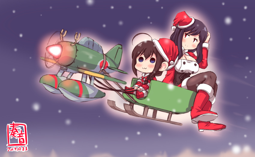 2girls, aircraft, airplane, alternate_costume, antlers, black_legwear, blouse, braid