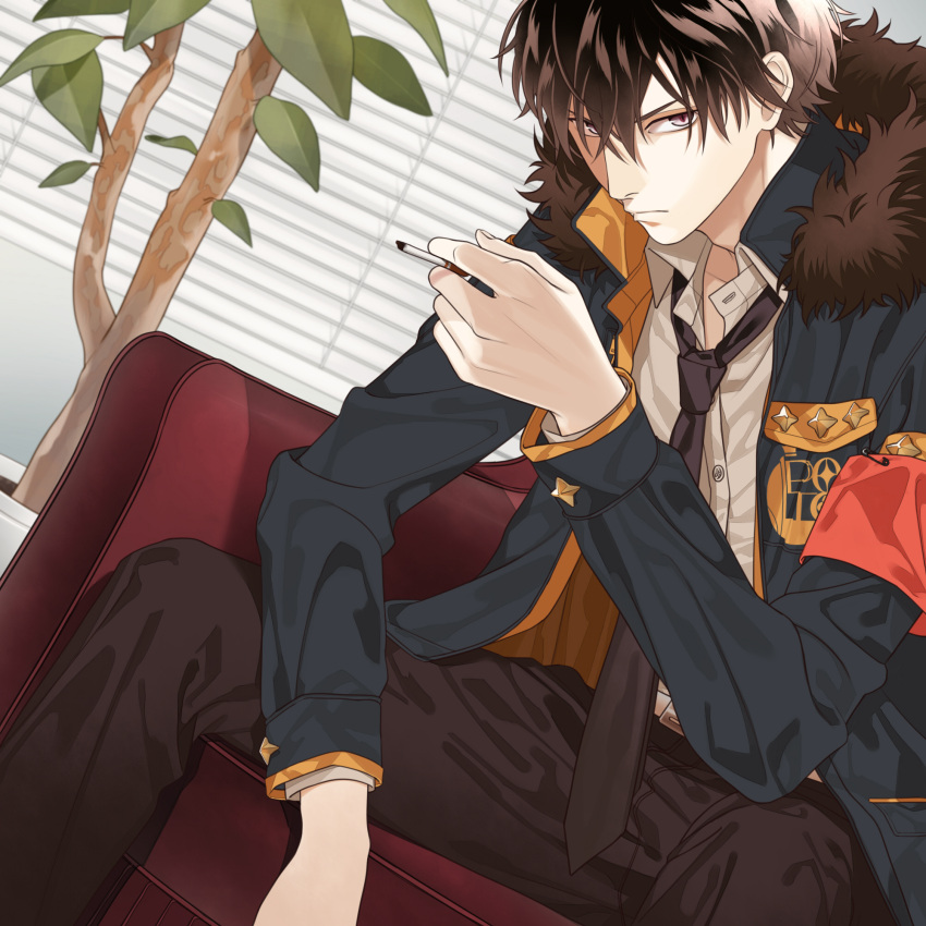 1boy, armband, belt, black_neckwear, black_pants, blinds, brown_hair, chair