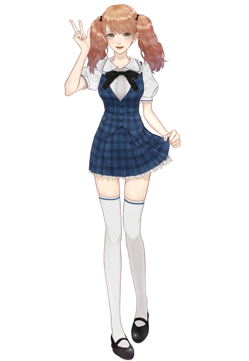 1girl, absurdres, black_footwear, blue_skirt, brown_eyes, brown_hair, full_body, hand_up