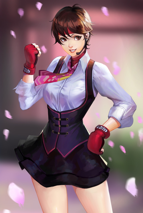 1girl, bare_legs, black_skirt, brown_eyes, brown_hair, clenched_hand, collared_shirt, cowboy_shot