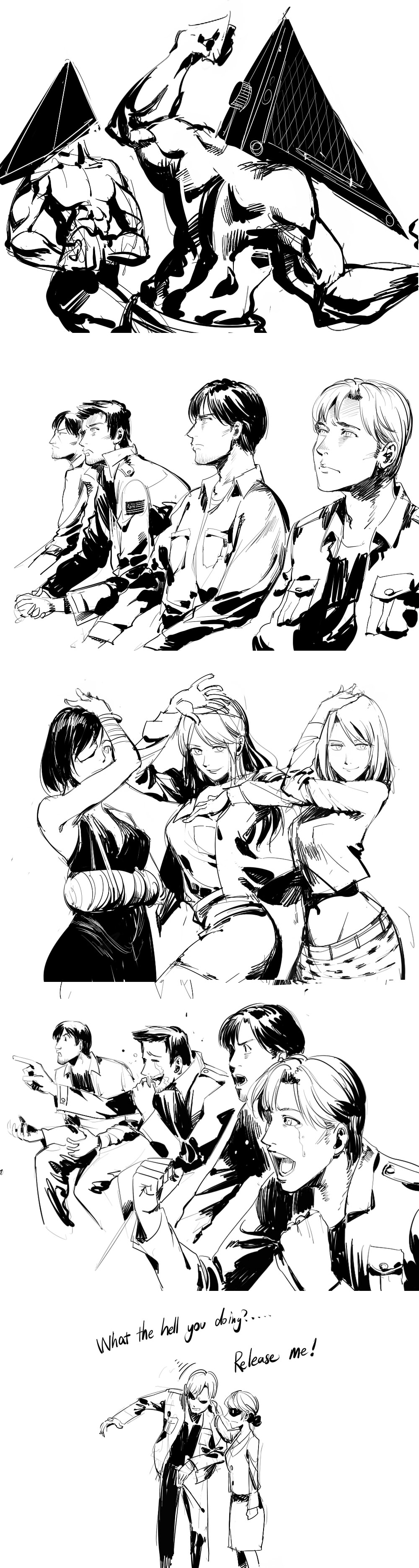 6+boys, 6+girls, absurdres, alex_shepherd, apron, breasts, chinese_commentary, cleavage