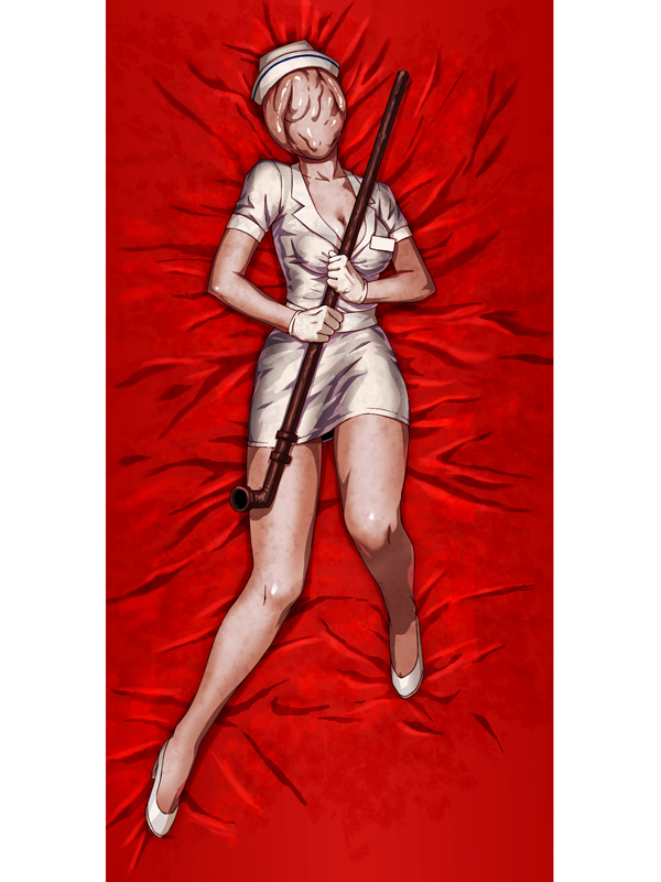 1girl, bed, blood, breasts, bubble_head_nurse, cleavage, commentary_request, deformed
