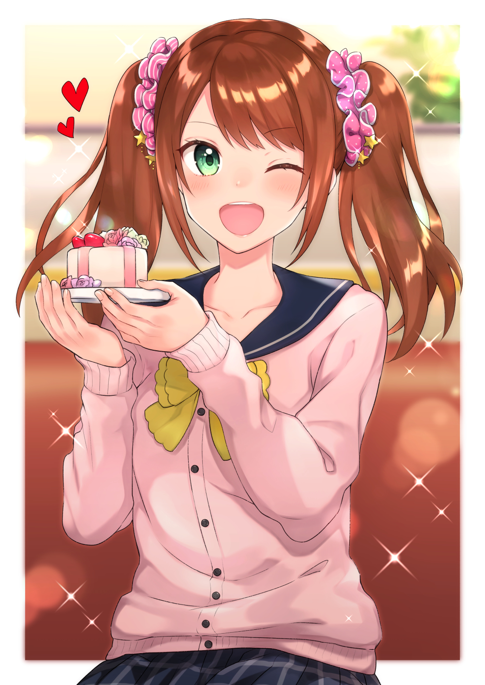 1boy, ;d, akariko_(akaringo), bangs, black_skirt, blurry, blurry_background, blush
