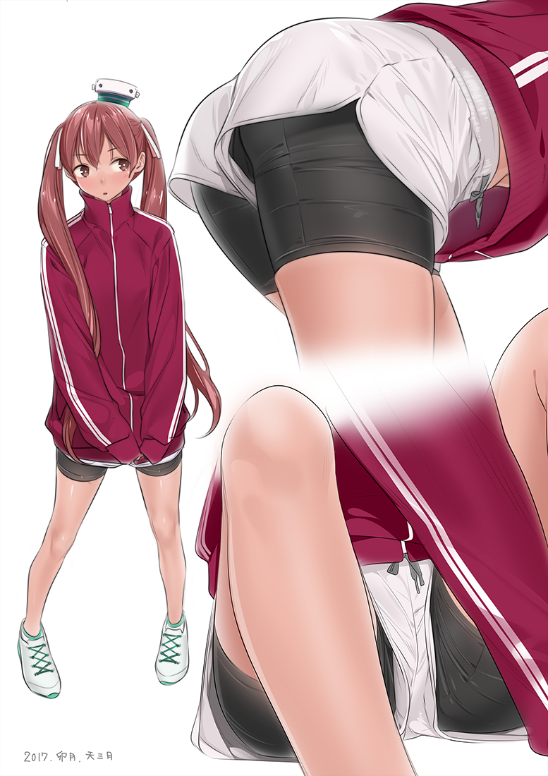1girl, alternate_costume, ama_mitsuki, bending_forward, bike_shorts, bike_shorts_under_shorts, bow, brown_eyes