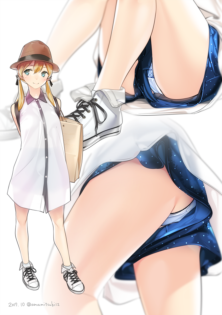 1girl, ama_mitsuki, arms_behind_back, artist_name, bag, blonde_hair, blue_eyes, blue_panties, bright_pupils, closed_mouth, contrapposto, converse, cross-laced_footwear, dated, dress, full_body, hair_ornament, hat, kantai_collection, looking_away, multiple_views, ozawa_ari, panties, pantyshot, pantyshot_(sitting), pantyshot_(standing), prinz_eugen_(kantai_collection), see-through_silhouette, shoelaces, shoes, shoulder_bag, sitting, sleeveless, sleeveless_dress, smile, sneakers, standing, twintails, twitter_username, underwear, upshorts, white_dress, white_footwear, white_pupils, wing_collar
