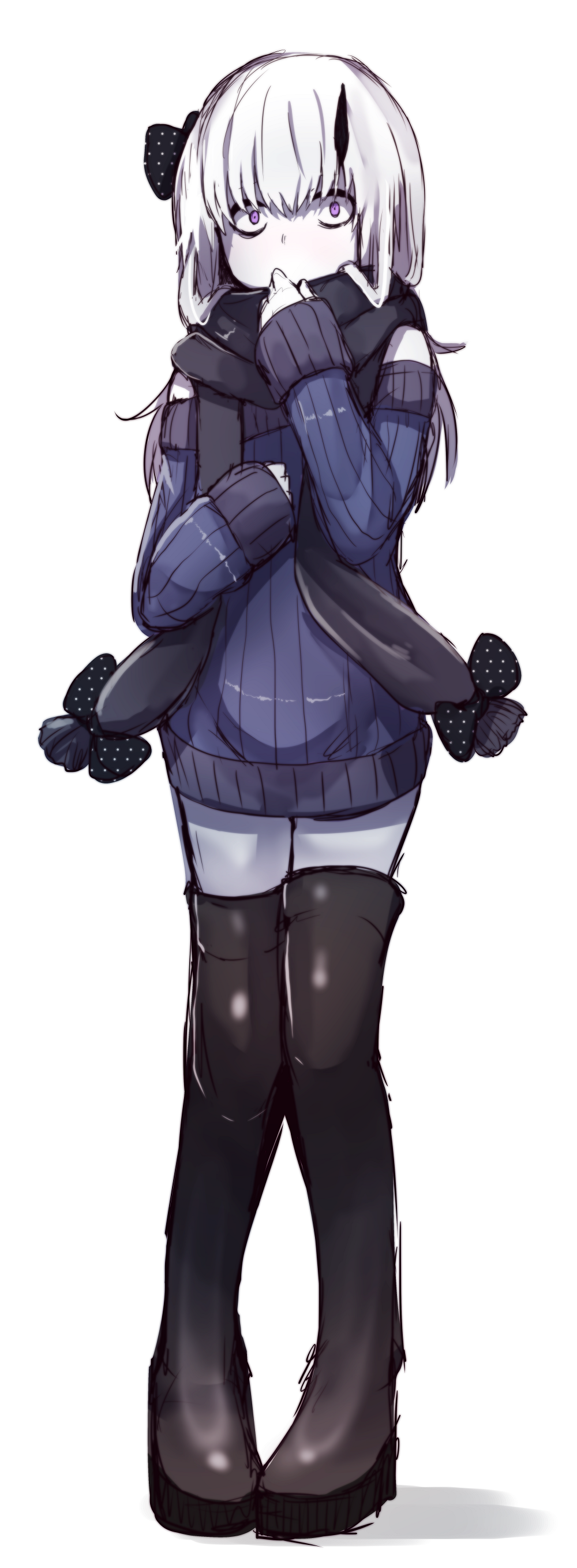 1girl, absurdres, black_bow, black_footwear, black_legwear, black_scarf, blush, boots, bow, covered_mouth, dress, enpera, fate/grand_order, fate_(series), full_body, highres, horn, lavinia_whateley_(fate/grand_order), long_sleeves, looking_at_viewer, pale_skin, pigeon-toed, polka_dot, polka_dot_bow, purple_dress, scarf, simple_background, sketch, sleeves_past_wrists, solo, standing, thigh-highs, thigh_boots, violet_eyes, wadakazu, white_background, white_hair