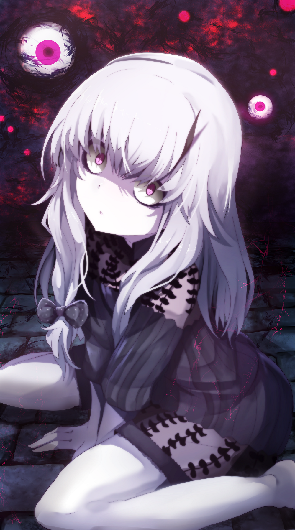 1girl, :o, arm_support, between_legs, black_bow, black_dress, bow, dress, eyeball, fate/grand_order, fate_(series), hair_bow, hand_between_legs, highres, horn, lavinia_whateley_(fate/grand_order), long_hair, long_sleeves, looking_at_viewer, parted_lips, polka_dot, polka_dot_bow, sitting, solo, violet_eyes, wadakazu, wariza, white_hair, wide-eyed