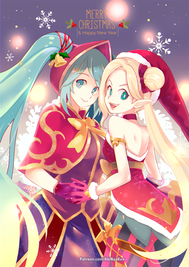 2girls, :d, aa2233a, alternate_hair_color, ambitious_elf_jinx, aqua_hair, bell, blonde_hair, blue_eyes, capelet, english, gloves, hair_bun, hand_holding, hat, jinx_(league_of_legends), league_of_legends, long_hair, looking_at_viewer, merry_christmas, multiple_girls, open_mouth, pointy_ears, red_choker, red_gloves, santa_costume, santa_hat, silent_night_sona, smile, snowflakes, sona_buvelle, standing, twintails, watermark, web_address