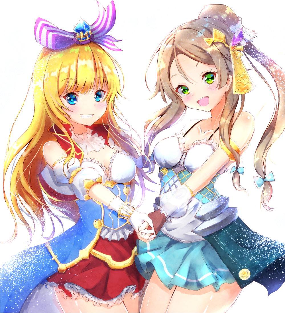 2girls, :d, atelier_(series), atelier_firis, atelier_lydie_&amp;_suelle, blonde_hair, blue_bow, blue_eyes