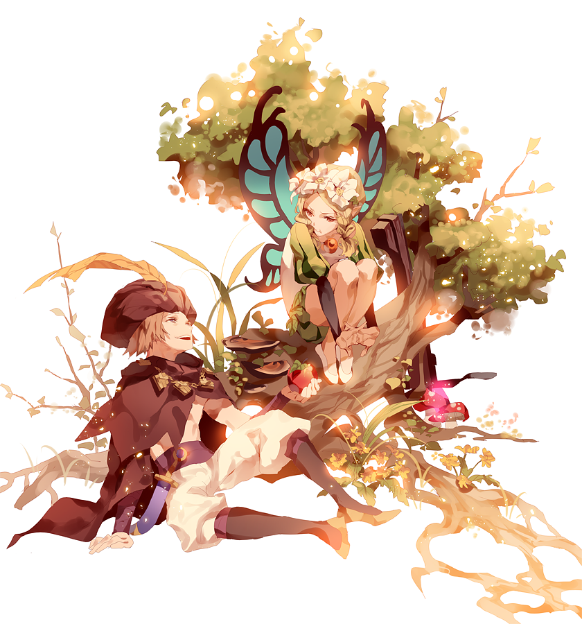 1boy, 1girl, blonde_hair, braid, butterfly_wings, fairy, fajyobore323, flower