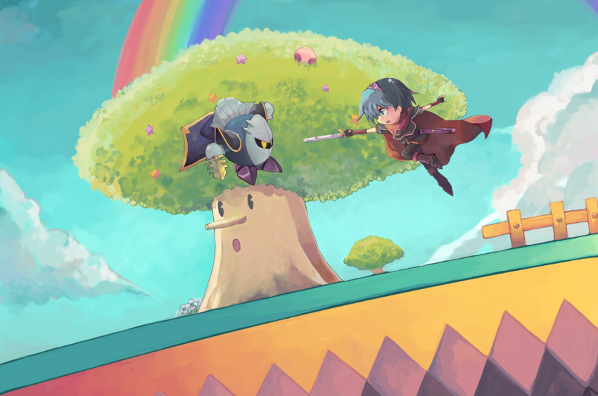 1boy, 3others, alternate_costume, battle, blue_eyes, blue_hair, cape, fence, fire_emblem, fire_emblem:_mystery_of_the_emblem, fire_emblem_mystery_of_the_emblem, gloves, hal_laboratory_inc., hoshi_no_kirby, intelligent_systems, kirby, kirby_(series), kirby_(specie), marth, mask, meta_knight, milcoco, nintendo, pac-man_eyes, pink_puff_ball, rainbow, sora_(company), super_smash_bros., super_smash_bros_brawl, super_smash_bros_melee, sword, tiara, tree, weapon, whispy_woods, yellow_eyes