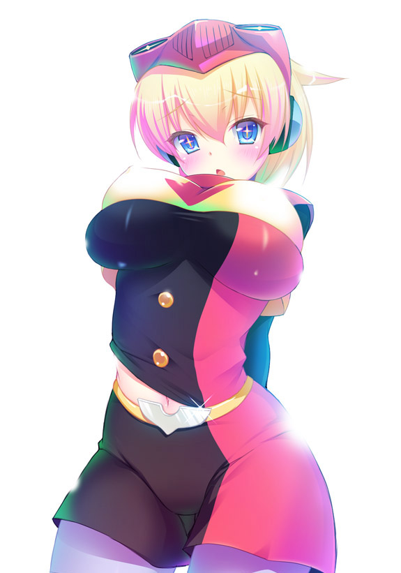 1girl, blonde_hair, blue_eyes, blush, breasts, concrete_revolutio, cowboy_shot, earth-chan