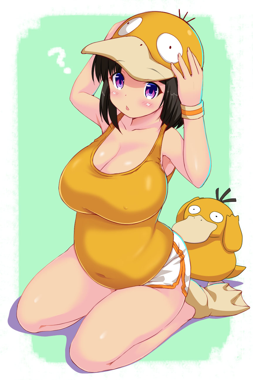 1girl, :o, ?, animal_hat, bare_shoulders, belly, black_hair, blush, breasts, cleavage, covered_navel, erect_nipples, error, fumitsuki_kyou, hands_on_headwear, hat, highres, large_breasts, personification, plump, pokemon, psyduck, seiza, short_shorts, shorts, sitting, tank_top, thighs, violet_eyes