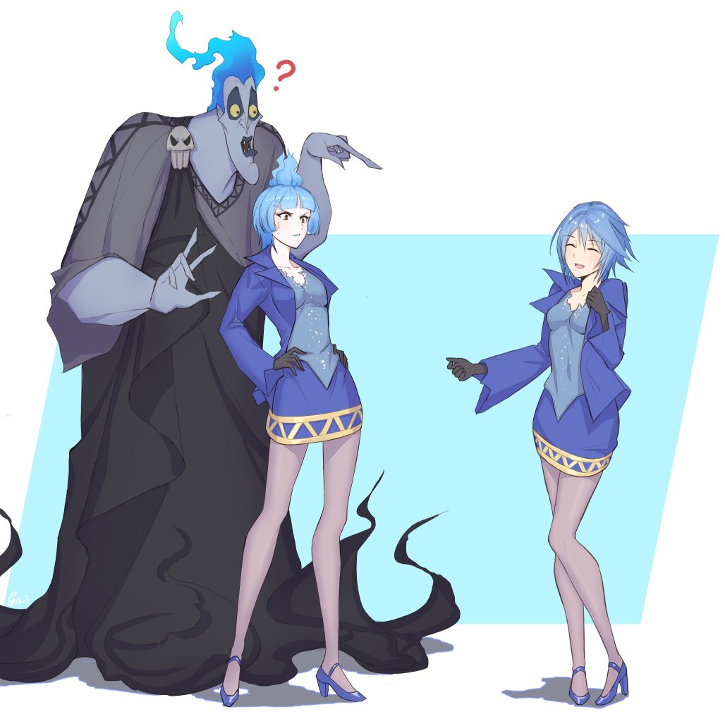1boy, 2girls, ?, aqua_(kingdom_hearts), black_gloves, blue_fire, blue_footwear, blue_hair