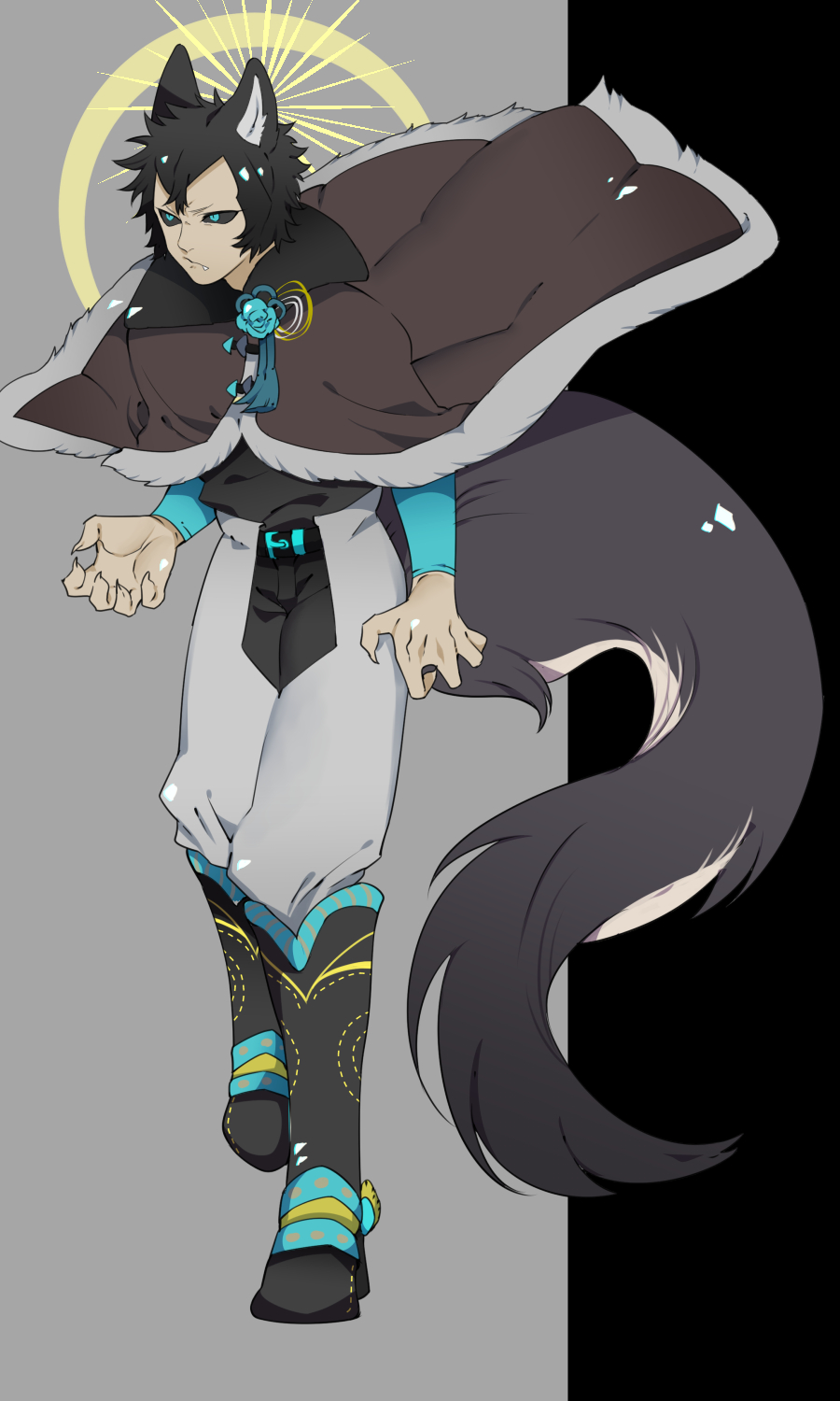 1boy, animal_ears, black_hair, black_sclera, blue_eyes, boots, dog_ears, dog_tail, fang, fur_trim, grey_background, highres, juuni_taisen, male_focus, poncho, solo, tail, tsukui_michio