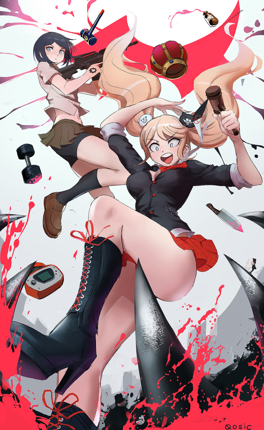 2girls, :d, arm_up, artist_name, assault_rifle, bangs, bare_legs, bear_hair_ornament, black_footwear, black_hair, black_jacket, black_legwear, black_shorts, blonde_hair, blood, blue_eyes, boots, bow, breasts, brown_footwear, brown_skirt, cross-laced_footwear, crown, dangan_ronpa, dangan_ronpa_1, dumbbell, enoshima_junko, freckles, gun, hair_ornament, hammer, hand_tattoo, high_heel_boots, high_heels, highres, holding, holding_gun, holding_hammer, holding_weapon, ikusaba_mukuro, jacket, kitchen_knife, kneehighs, lace-up_boots, leg_up, loafers, long_hair, looking_down, medicine_bottle, medium_breasts, microskirt, miniskirt, monokuma, multiple_girls, nail_polish, navel, open_mouth, parted_bangs, plaid, plaid_skirt, pleated_skirt, qosic, red_bow, red_nails, rifle, round_teeth, sanpaku, shirt, shoes, short_hair, short_sleeves, shorts, shorts_under_skirt, siblings, sisters, skirt, smile, standing, standing_on_one_leg, teeth, thighs, trigger_discipline, twins, twintails, v-shaped_eyebrows, very_long_hair, weapon, white_background, white_shirt