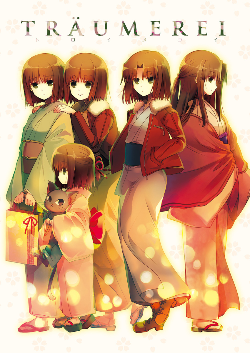 5girls, :>, animal, bag, bangs, black_cat, boots, bow