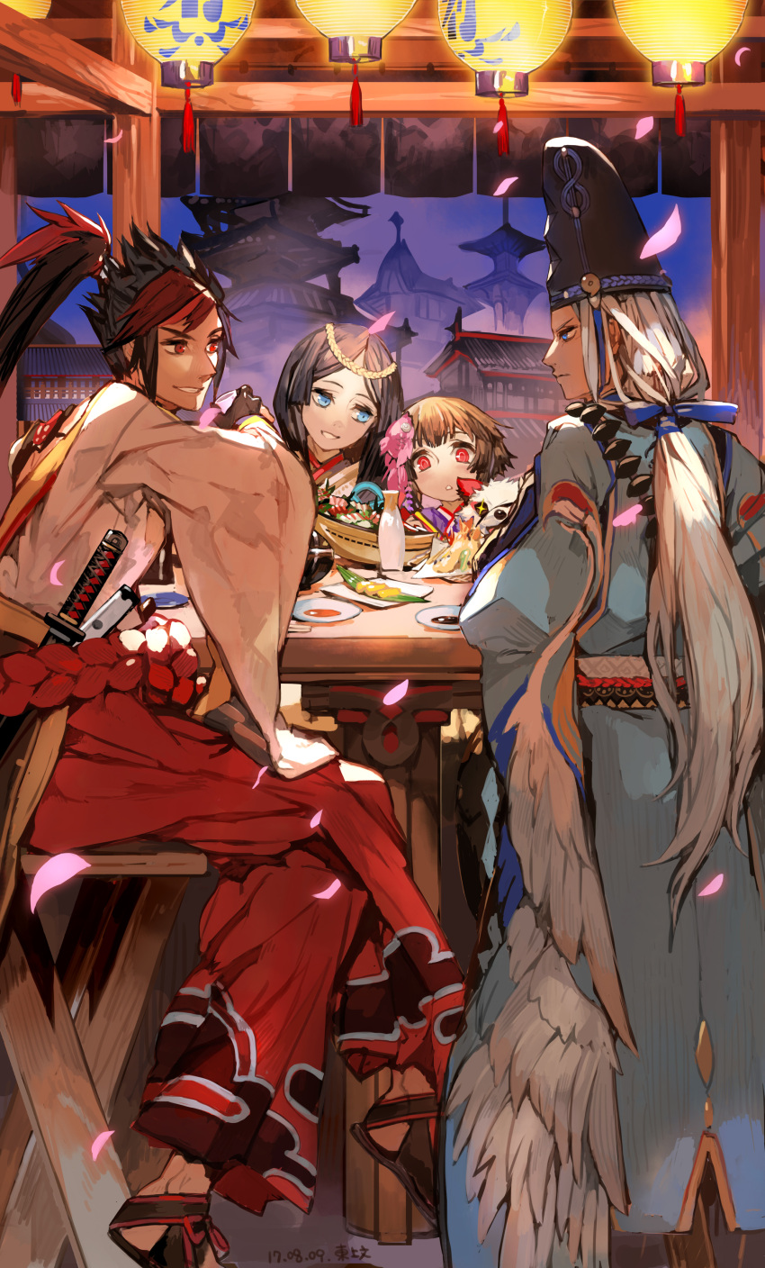 2boys, 2girls, :d, abe_no_seimei_(onmyoji), absurdres, alcohol, architecture, black_gloves