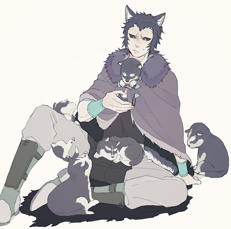 1boy, animal_ears, black_hair, black_sclera, boots, bracelet, dog, dog_ears