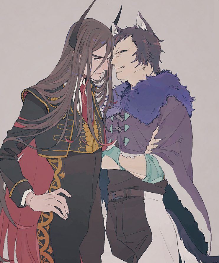 2boys, animal_ears, black_hair, black_sclera, blue_eyes, brown_eyes, brown_hair, crossed_arms