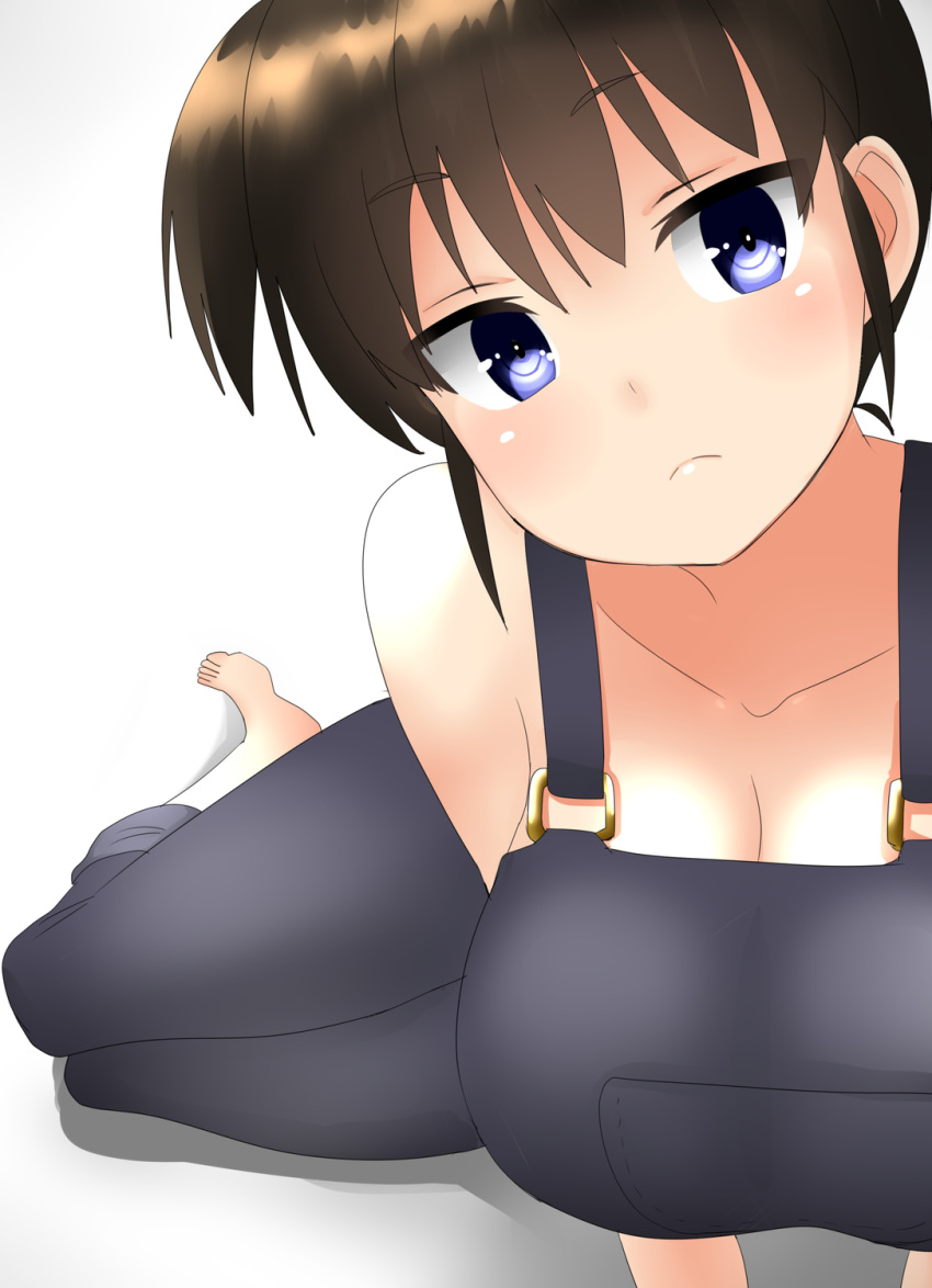 1girl, 30-06, barefoot, blue_eyes, breasts, brown_hair, cleavage, closed_mouth