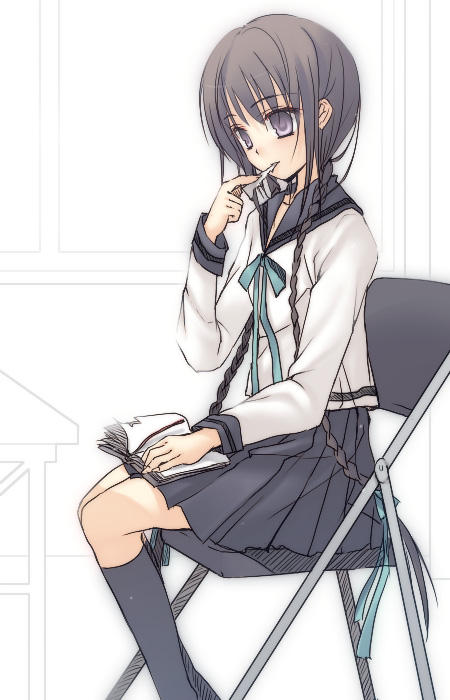 amano_tohko, black_hair, book, braid, bungaku_shoujo, chair, kneehighs, long_hair, mee_(pixiv61701), purple_eyes, school_uniform, serafuku, sitting, socks, twin_braids, violet_eyes