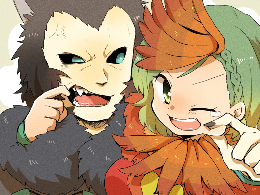 1boy, 1girl, anger_vein, black_hair, black_sclera, blue_eyes, braid, crying