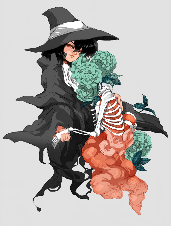 1boy, black_hair, coat, dancing, flower, hand_holding, hat, headless, looking_at_viewer, male_focus, mugen_mamiya, mugen_shinshi, ribs, skeleton, tsunnosuke, witch_hat