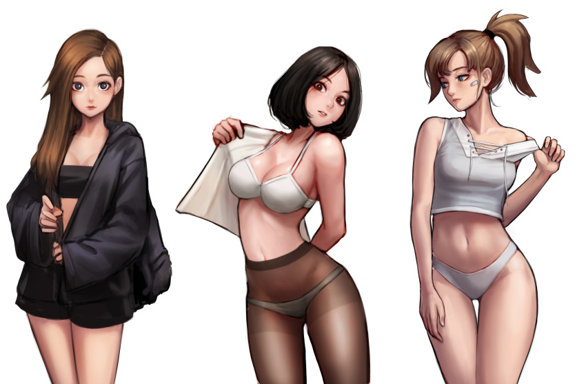 1girl, 3girls, absurdres, arm_at_side, backpack, bag, bandaid, bandaid_on_face