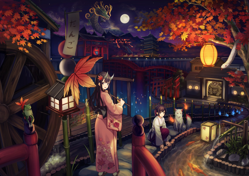 2girls, :d, animal, architecture, autumn_leaves, bangs, blue_fire, bridge, brown_eyes, brown_hair, building, chouchin_obake, closed_mouth, clouds, coat, commentary, dango, dragon, east_asian_architecture, eastern_dragon, ema, eyebrows_visible_through_hair, fingernails, fire, fish, food, frog, full_body, hair_ornament, highres, holding, holding_umbrella, horns, house, japanese_clothes, kimono, koi, kyoto, lantern, leaf_hair_ornament, leaf_umbrella, long_hair, long_sleeves, looking_at_viewer, looking_back, mountain, multiple_girls, multiple_torii, night, night_sky, obi, open_mouth, original, outdoors, overcoat, pagoda, paper_lantern, pier, pink_kimono, print_kimono, purple_skirt, railing, rock, round_window, sanshoku_dango, sash, scales, scenery, shishi_odoshi, short_hair, short_kimono, sitting, skirt, sky, smile, snake, squatting, standing, tabi, torii, translated, tree, umbrella, usagino_suzu, wagashi, water, water_wheel, white_kimono, white_legwear, white_snake, wide_sleeves, window, wolf, zouri
