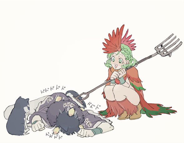 1boy, 1girl, bob_cut, dog, green_hair, juuni_taisen, niwa_ryouka, pitchfork