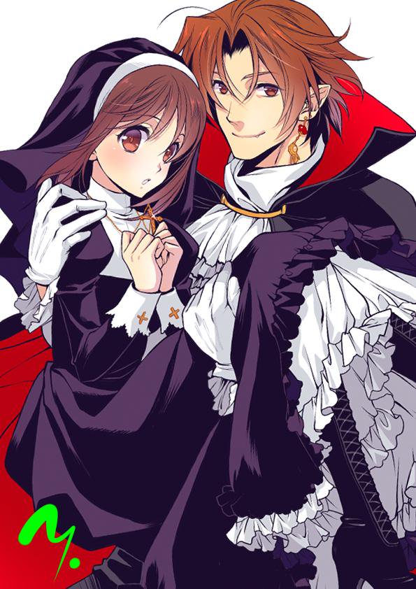 1boy, 1girl, boots, brown_eyes, brown_hair, cloak, couple, cross