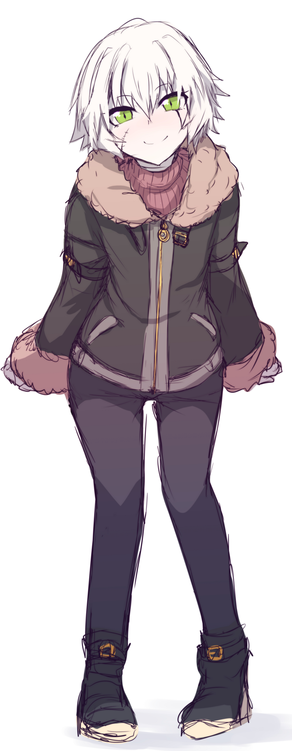 1girl, absurdres, alternate_costume, black_footwear, black_jacket, black_pants, blush, boots, brown_sweater, closed_mouth, fate/apocrypha, fate_(series), full_body, fur-trimmed_jacket, fur-trimmed_sleeves, fur_trim, green_eyes, head_tilt, highres, jack_the_ripper_(fate/apocrypha), jacket, long_sleeves, looking_at_viewer, nose_blush, pants, scar, scar_across_eye, scar_on_cheek, short_hair, simple_background, sketch, smile, solo, standing, wadakazu, white_background, white_hair