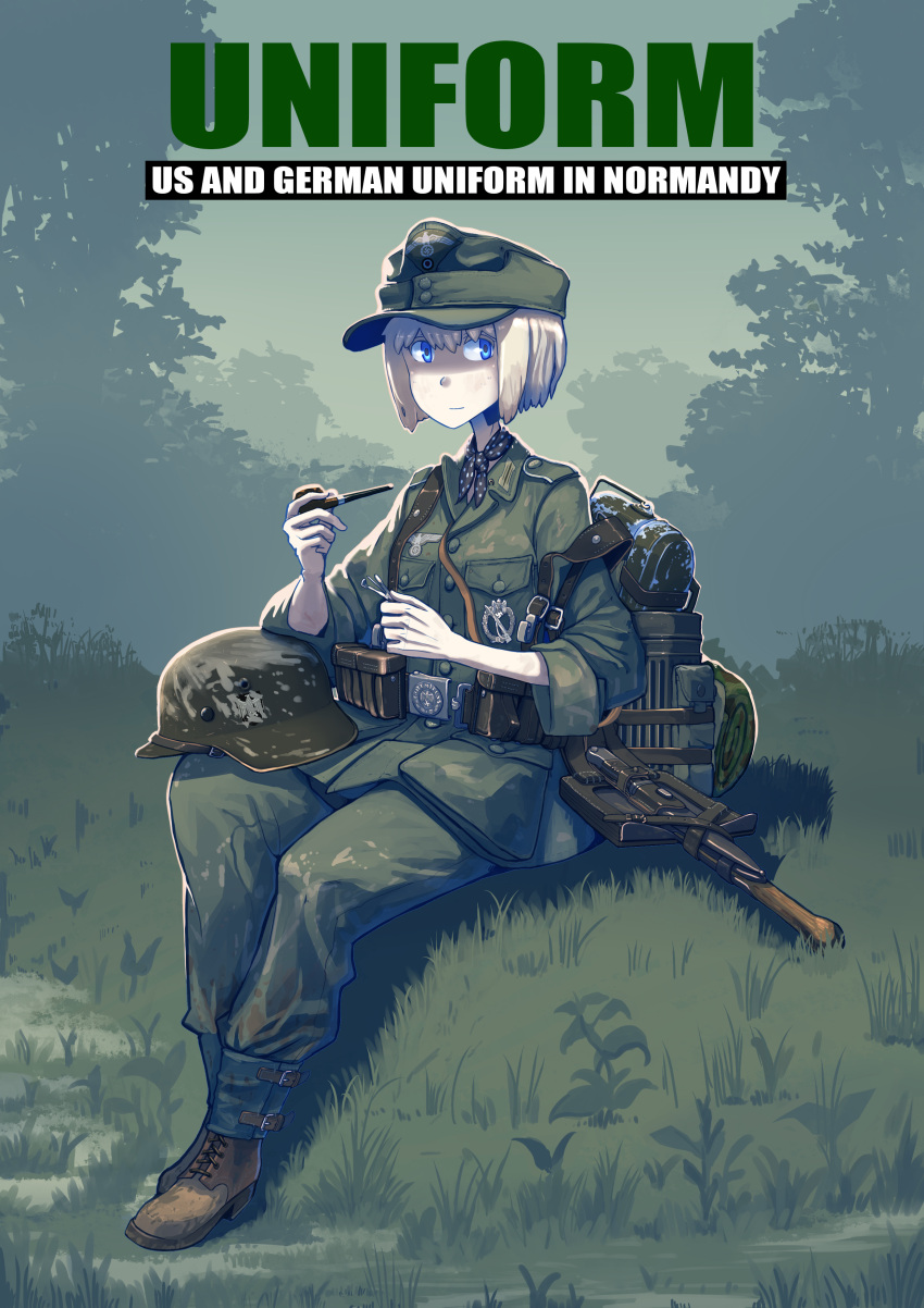 absurdres, ammunition_pouch, ankle_boots, badge, bayonet, belt, belt_buckle, blue_eyes