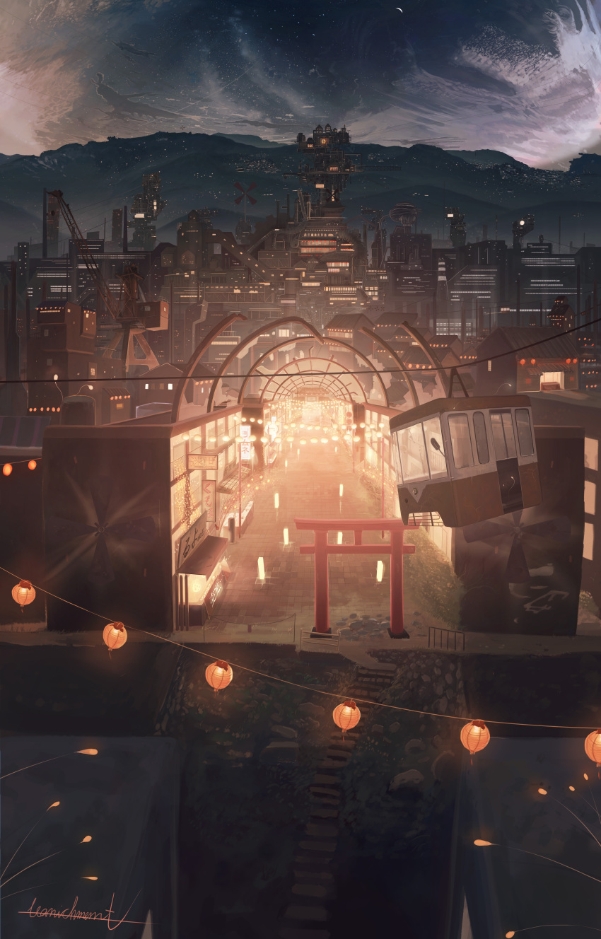 absurdres, banishment, blurry, broken_glass, building, cable_car, city, city_lights