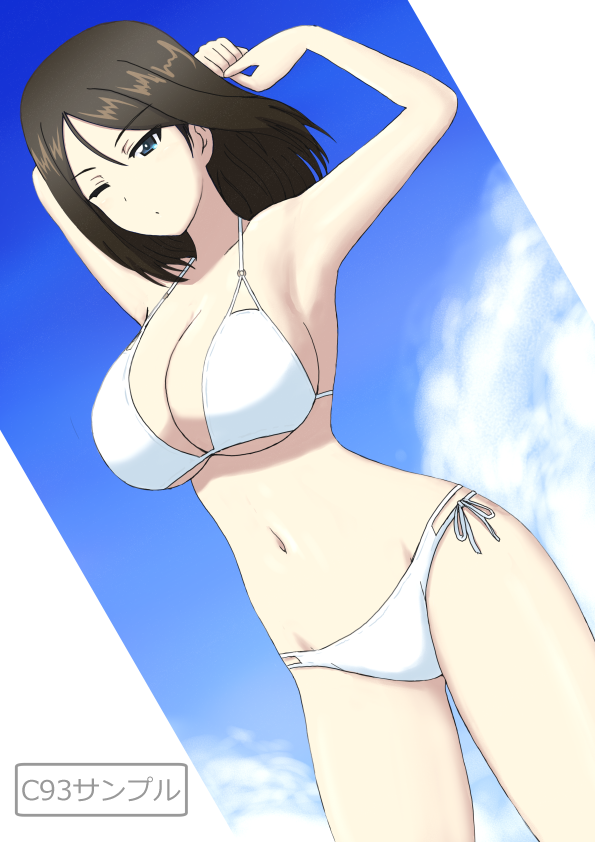 1girl, arms_behind_head, bangs, bikini, black_hair, blue_eyes, breasts, bukkuri