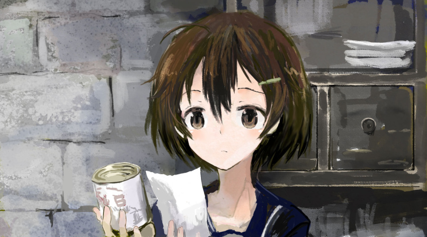 1girl, ahoge, blurry, brown_eyes, brown_hair, can, frown, hair_ornament