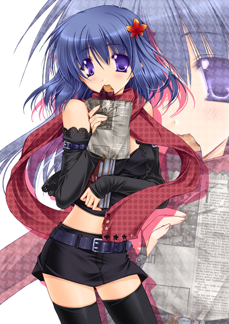 black_legwear, black_thighhighs, blue_eyes, blue_hair, book, eating, food, hair_ornament