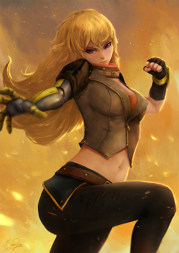 1girl, :|, artist_name, bangs, black_pants, blonde_hair, breasts, clenched_hand