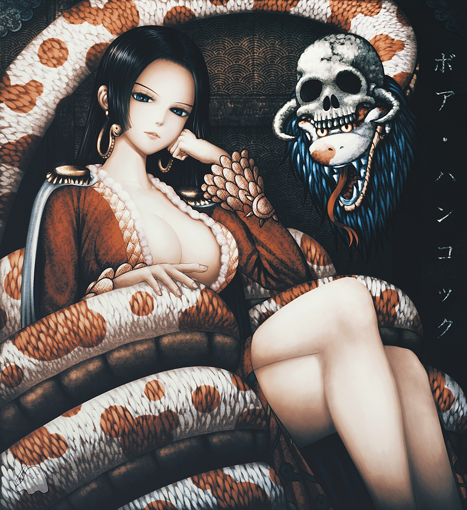 1girl, bangs, black_hair, blue_eyes, boa_hancock, breasts, character_name, chin_rest, collarbone, critter100, epaulettes, head_tilt, large_breasts, legs_crossed, long_hair, looking_at_viewer, one_piece, open_mouth, parted_bangs, parted_lips, salome_(one_piece), sitting, skull, snake, snake_earrings, tongue, tongue_out, very_long_hair